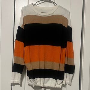 Striped Sweater in Orange, Black, and Tan (M)